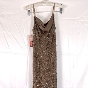 Monsoon Womens Sequined Beaded Long Brown Mink Frost Evening Gown Dress US 8